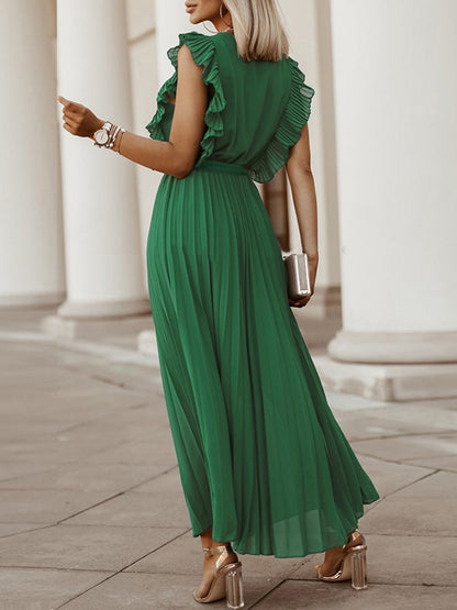Loose Sleeveless Pleated Color Split-joint Tied Waist V-neck Maxi Dresses