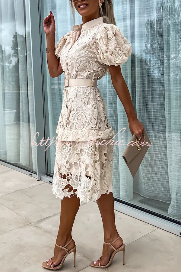 Absolutely Crochet Lace Puff Sleeve Belted Shirt Midi Dress