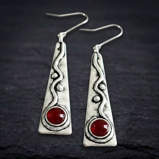 Artisan Silver Geometric Red Stone Earrings