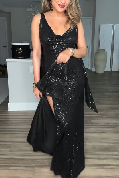 All the Sparkle Sequin Cowl Neck Backless Slit Stretch Maxi Dress