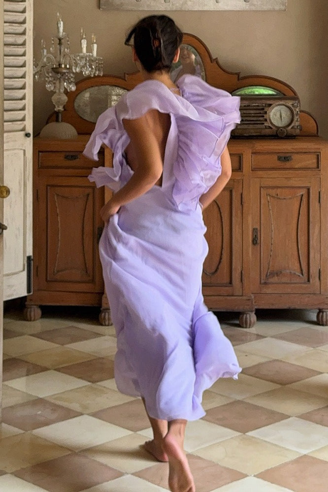 Simple Deep V Ruffle Maxi Dress