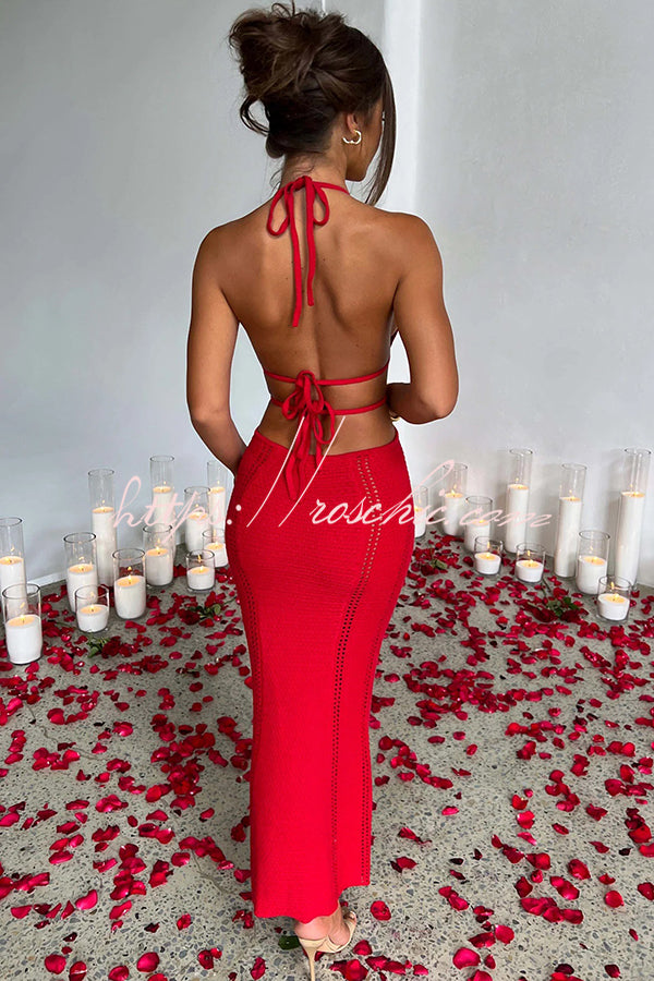 Effortlessly Cool and Knit Crochet Cutout Halter Tie-up Stretch Maxi Dress