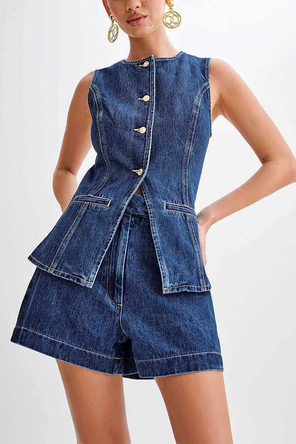 High Waist Vest Denim Shorts Set