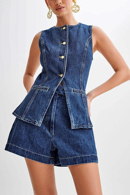 High Waist Vest Denim Shorts Set