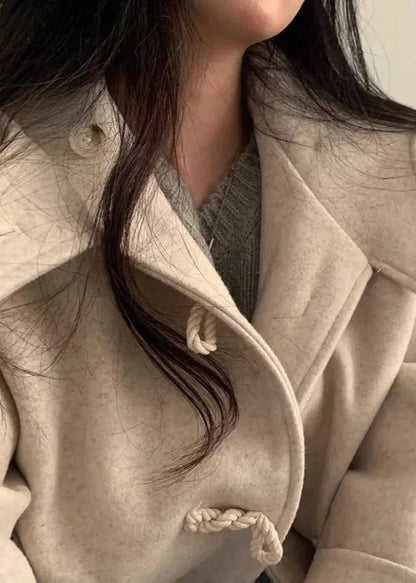 Horn Button Woolen Hooded Coat With Large Pockets