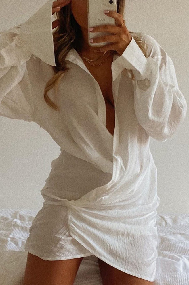 Long Sleeve Shirt Deep V Linen Mini Dress