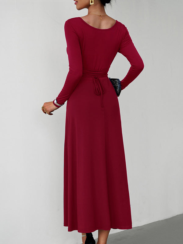 A-line High Waisted Color Tied Waist U-neck Midi Dresses