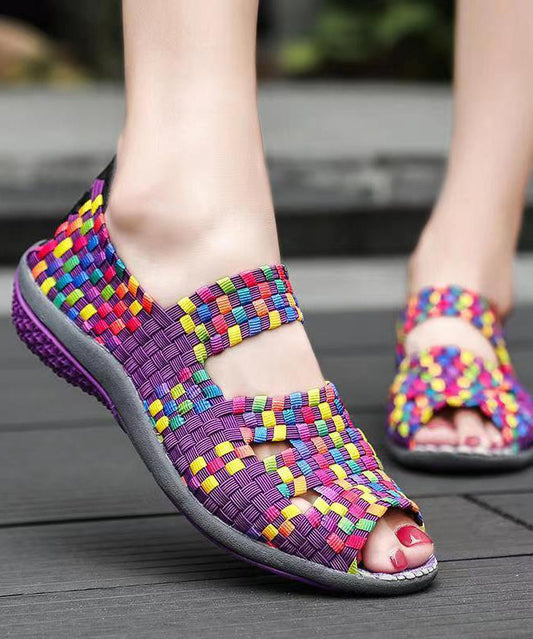 Knit Fabric Flat Shoes for Purple Splicing Peep Toe