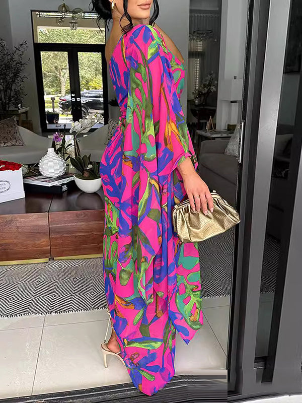 Bodycon Sleeveless Asymmetric Pleated Printed One-shoulder Maxi Dresses