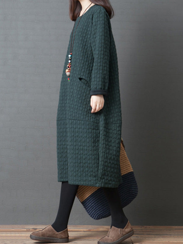 Loose Color Split-joint With Pocket Round-neck Long Sleeves Midi Dress