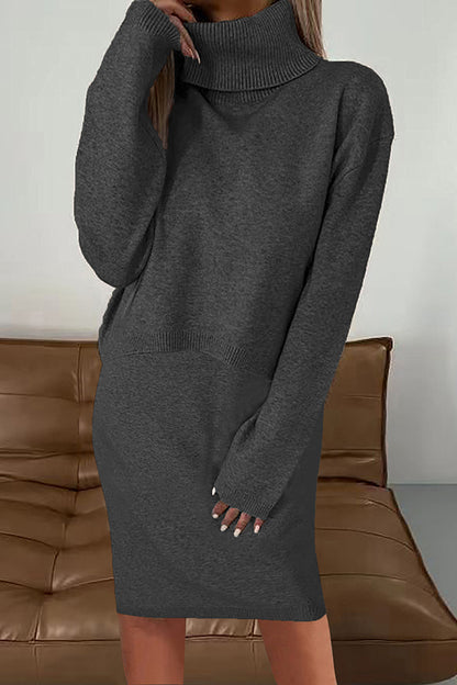 Color Turtleneck Sweater and Knee Length Dress Set