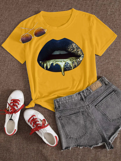 Round Neck Lip Print T-shirt ’s Short-sleeved Basic White T-shirt