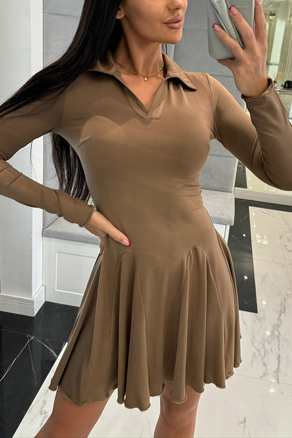 Color Lapel Long Sleeve Slim Fit Waist Mini Dress