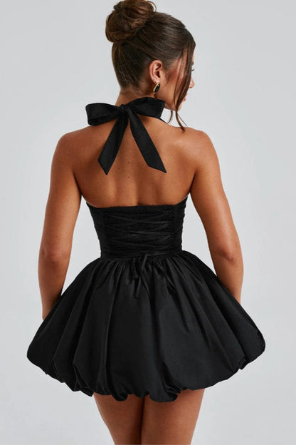 Halter Tie Bow Puffy Hem Mini Dress