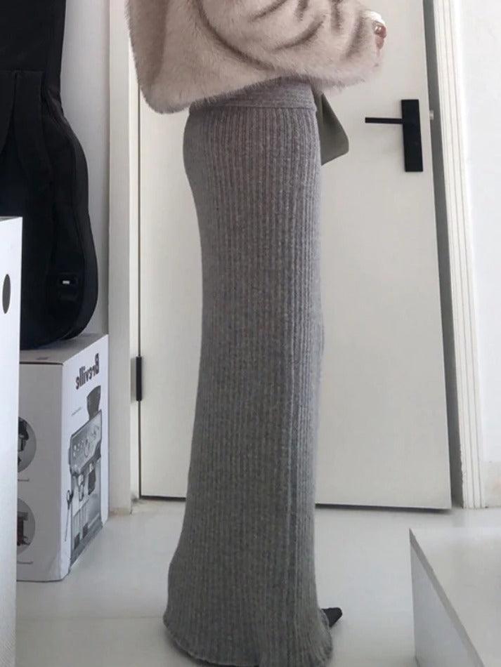 Classic Gray Turned Waist Low Rise Maxi Skirt