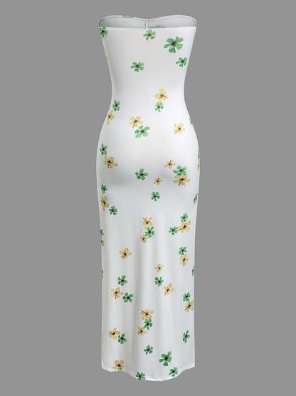 Print Ruched Slit Strapless Maxi Dress