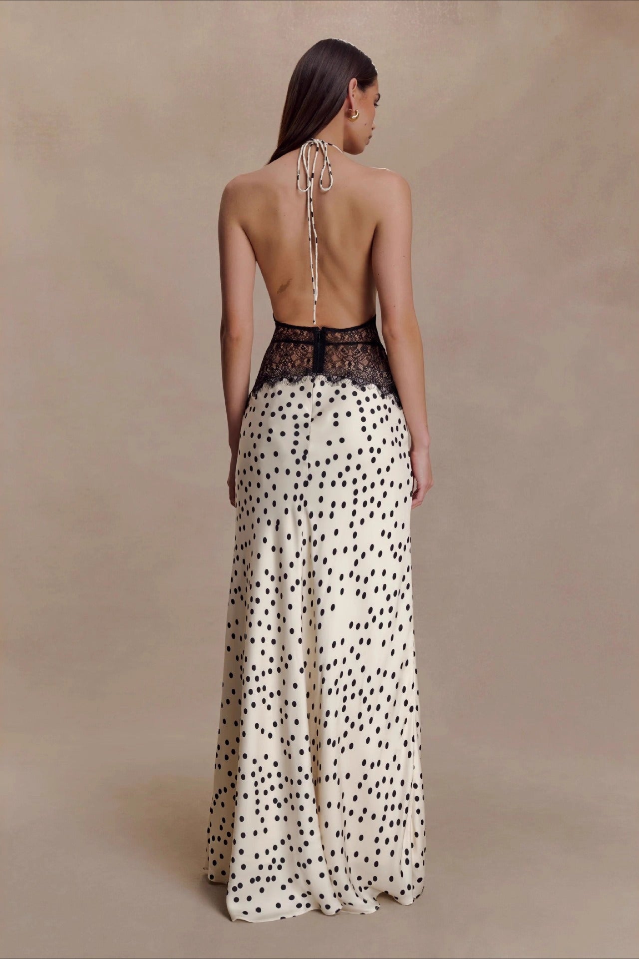 Polka Dot Lace Patchwork Deep V Backless Ruched Maxi Dress