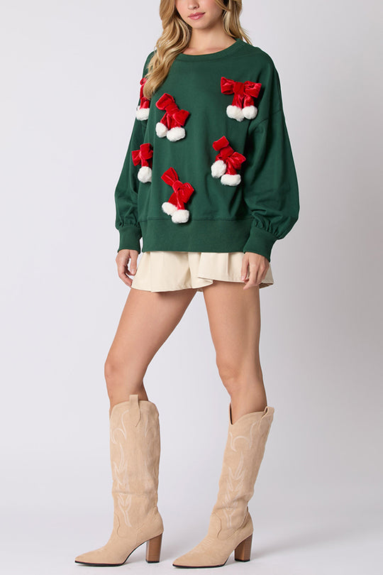 Christmas Bow Embellished Long-sleeved Sweatshirt