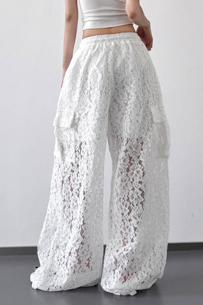 White Lace Cutout Wide Leg Pants