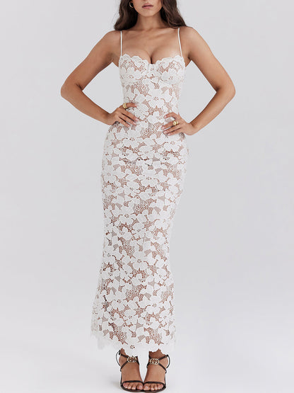 Stylish Lace Halter See-through Midi Dress