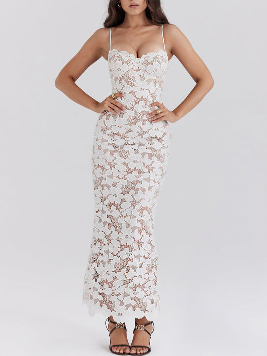 Stylish Lace Halter See-through Midi Dress