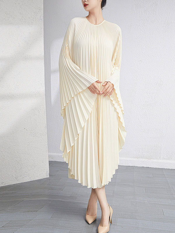 Urban Flared Batwing Sleeves Pleated Color Round-neck Midi Dresses