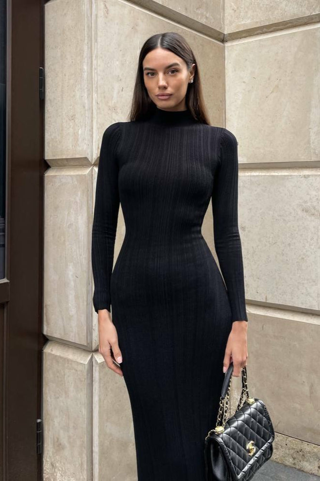 High Neck Striped Sweater Dress