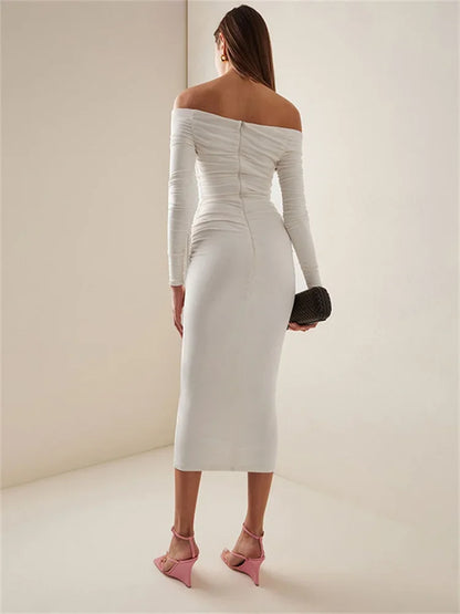 V-neck Off-shoulder Long Dress for Pleated Long Sleeve High Waist Skinny Dress Female Slim Maxi Dress New