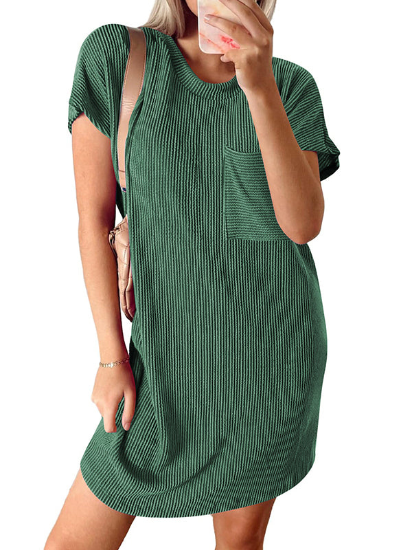 A-line Loose Contrast Color Pockets Split-joint Striped Round-neck Mini Dresses