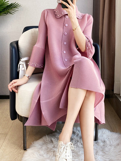Loose Three-quarter Sleeves Beaded Pleated Lapel Midi Dresses