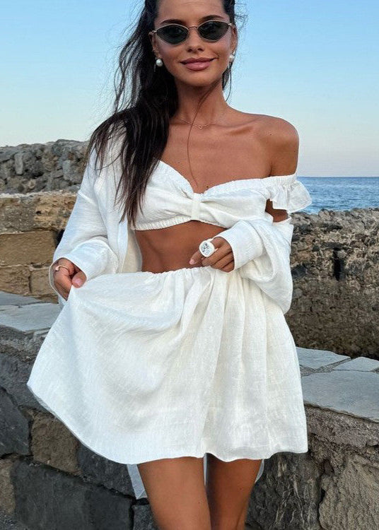 Isola Linen Ruffle Set – Two-piece Off-shoulder Crop Top & Skirt