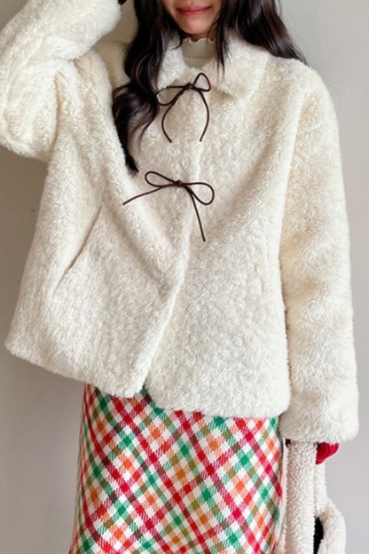 Color Block Bow Tie Fuzzy Tie-up Coat