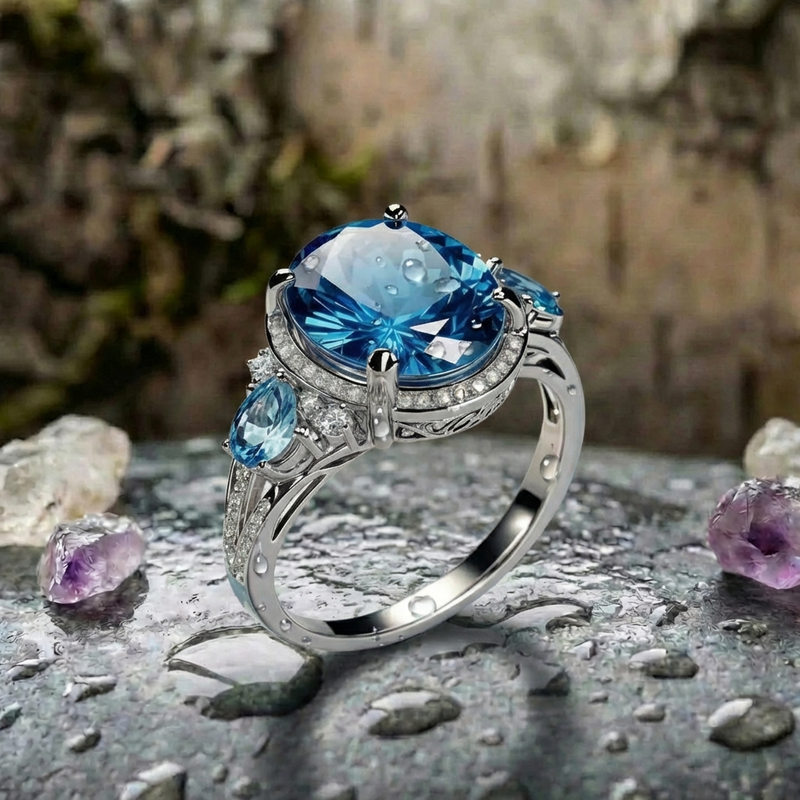 Vintage Silver Ring With Blue Crystal