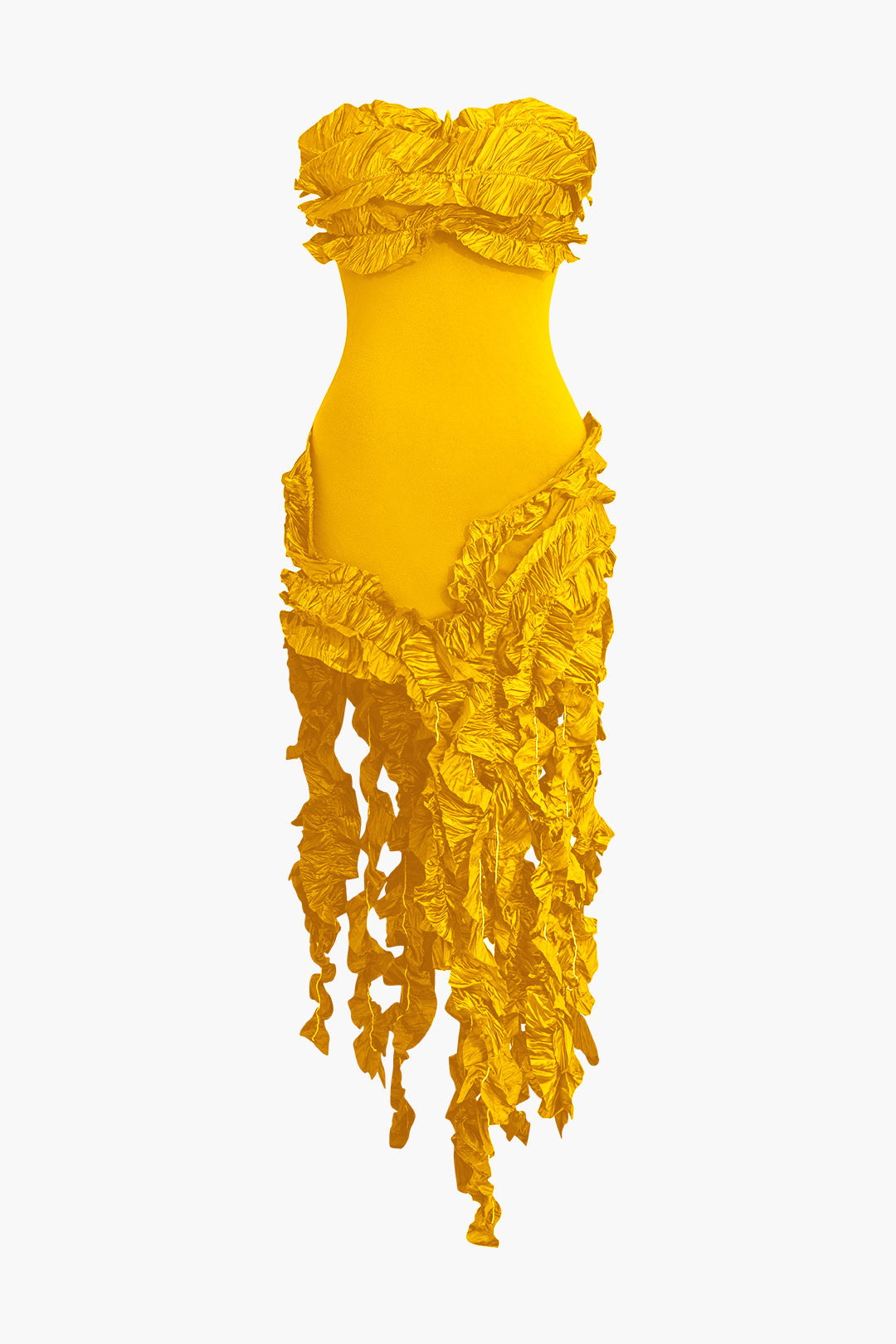 Color Ruffled Fringe Strapless Midi Dress