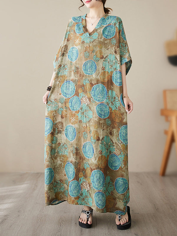 Loose Short Sleeves Printed V-neck Maxi Dresses