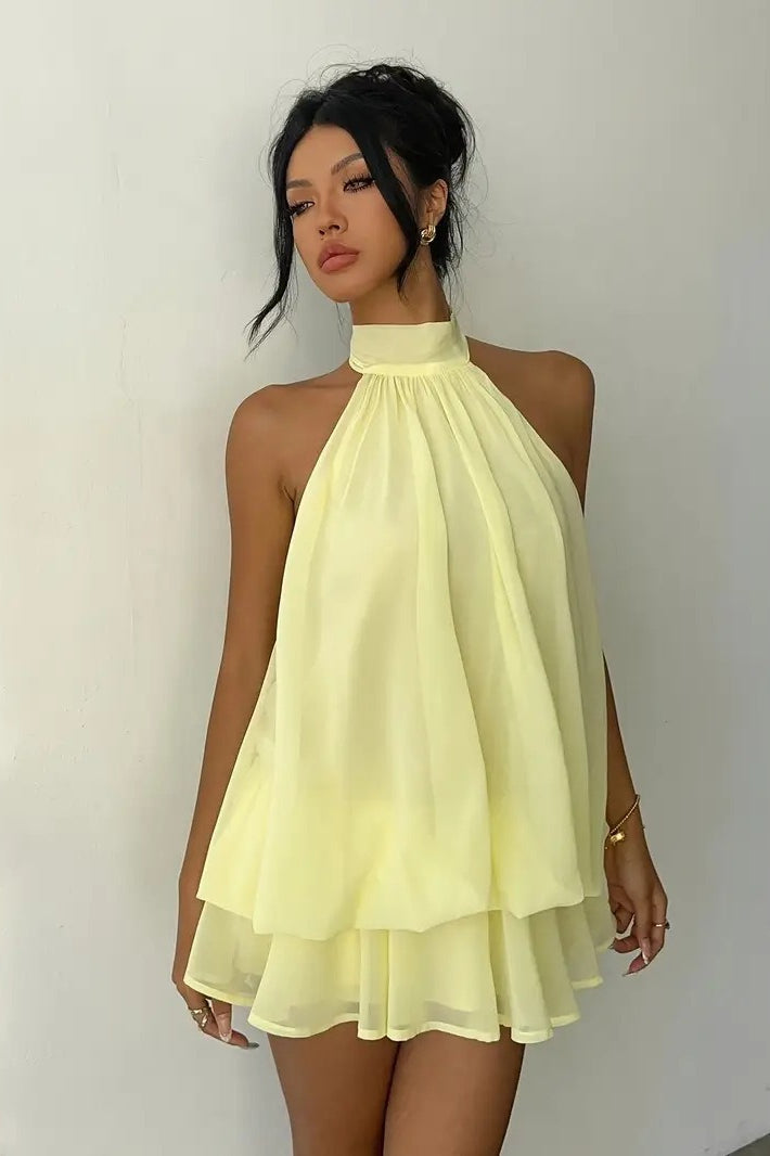 Backless Halter Tie Waist Slim Fit Ruffled Mini Dress