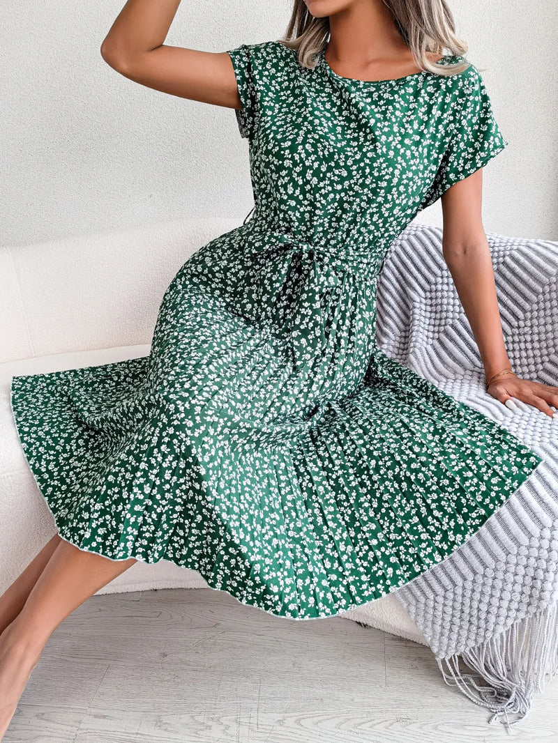 Summer Short Sleeve Long Dress O Neck Lace Up Pleated A-line Office Female Vestidos