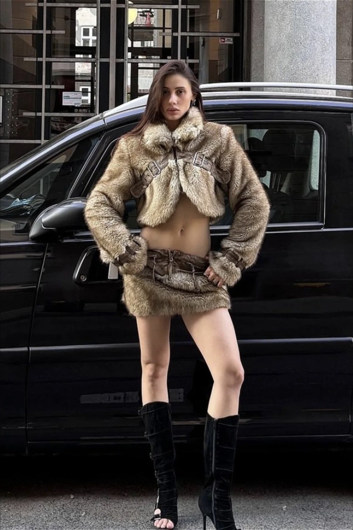 Cropped Patchwork Stand Collar Coat