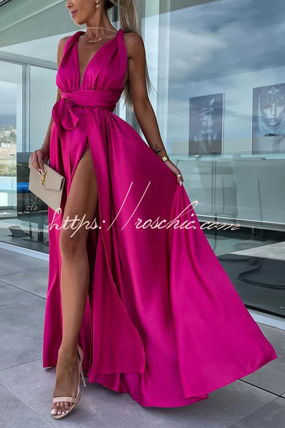 Different Effects Satin Free Tie Neck Slit Maxi Dress