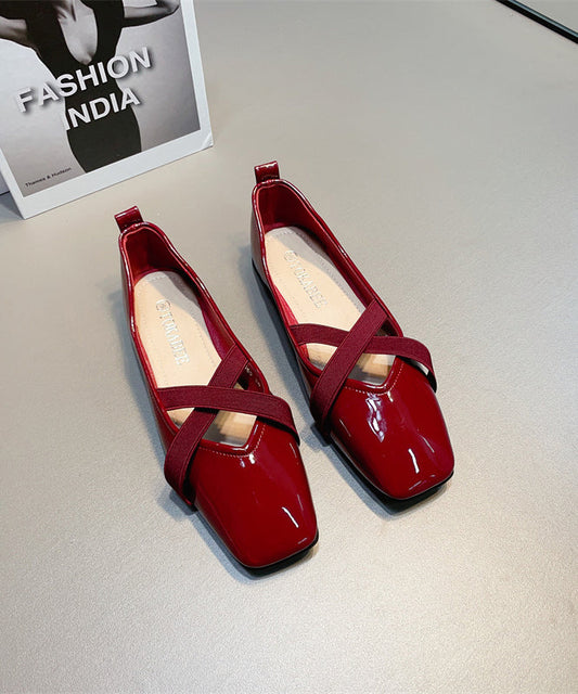 Wine Red Faux Leather Flat Shoes for Splicing Cross Strap