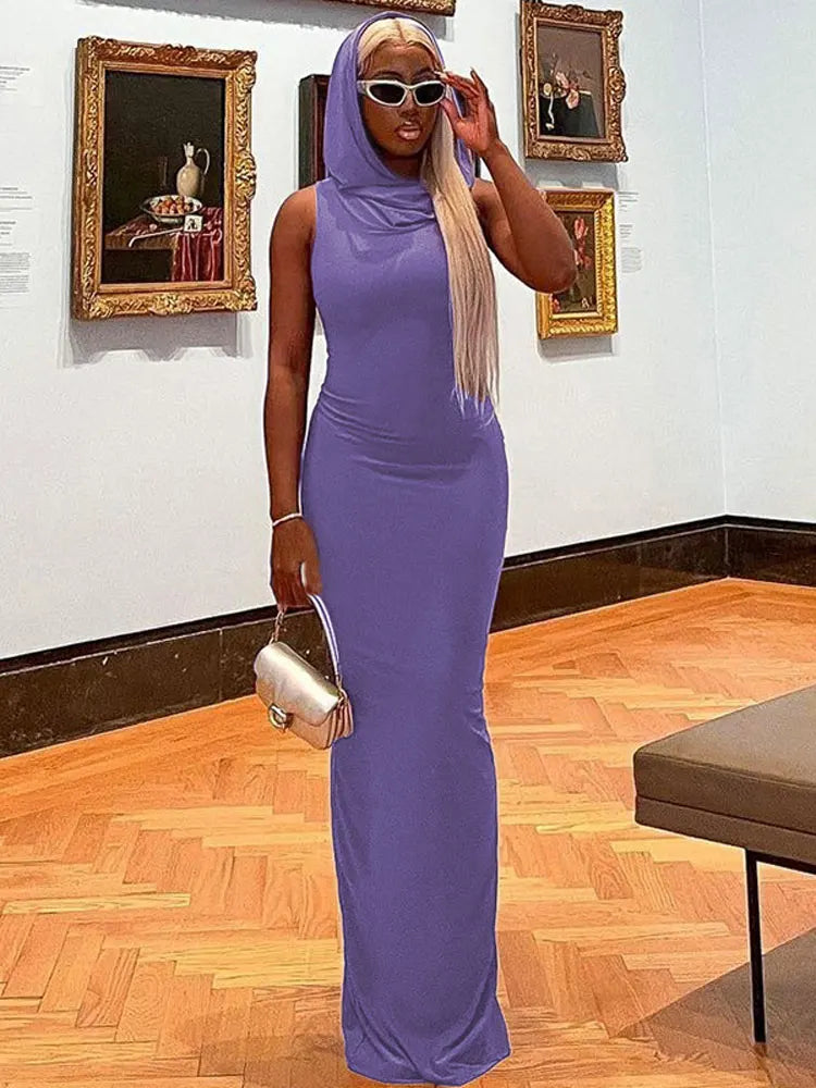 Summer Female Slim Long Dress Hoodie Split Sleeveless Maxi Dress Festival Outfits One Piece Dress