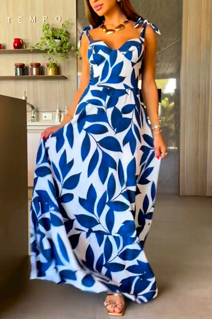 High Waisted Strappy Print Halter Panel Maxi Dress