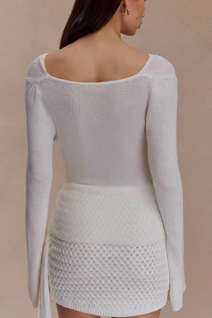 Slim-fit Waist-cinched Lace-knit U-neck Sweater