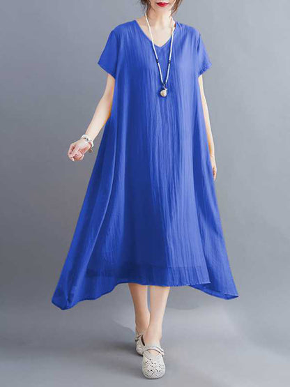A-line Loose Color V-neck Midi Dresses