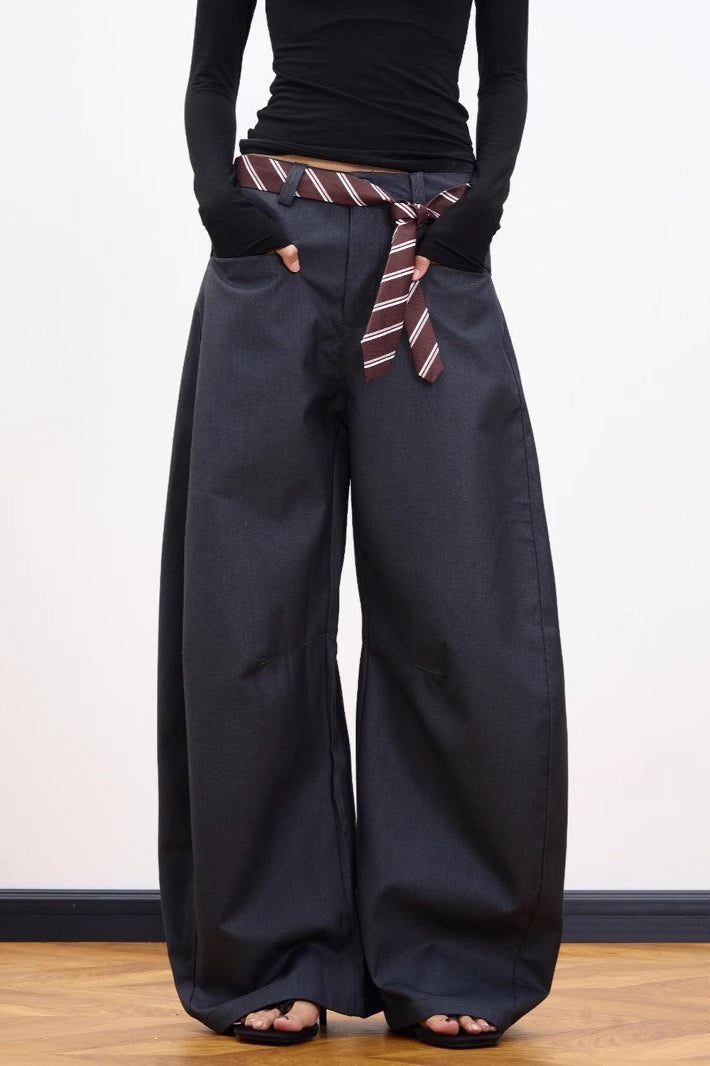 Belt Detail Curved Wide Leg Pants