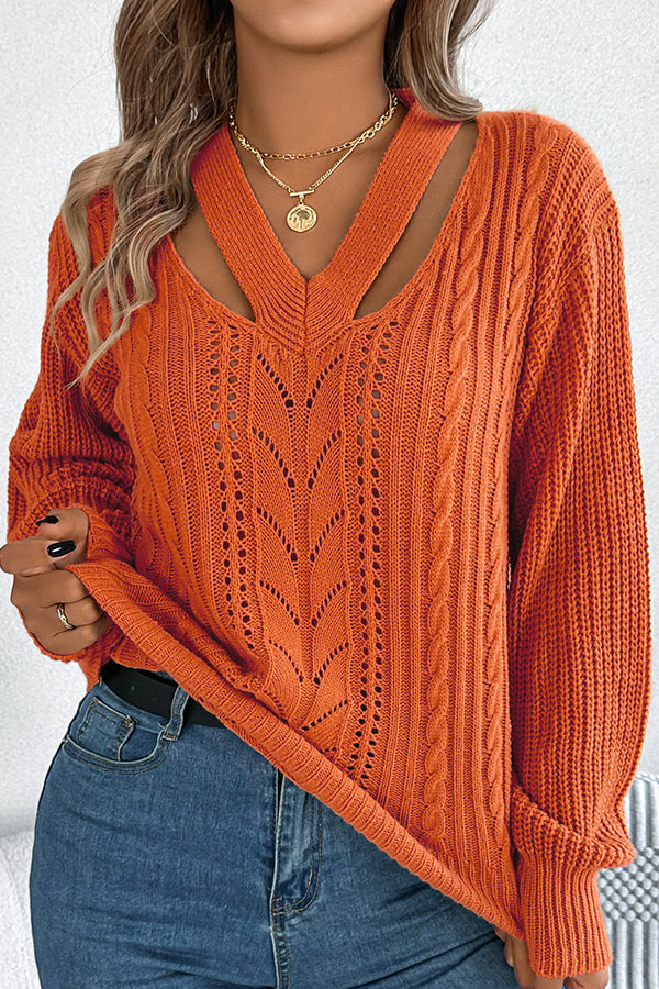 Hollow V-neck Long-sleeved Knitted Sweater