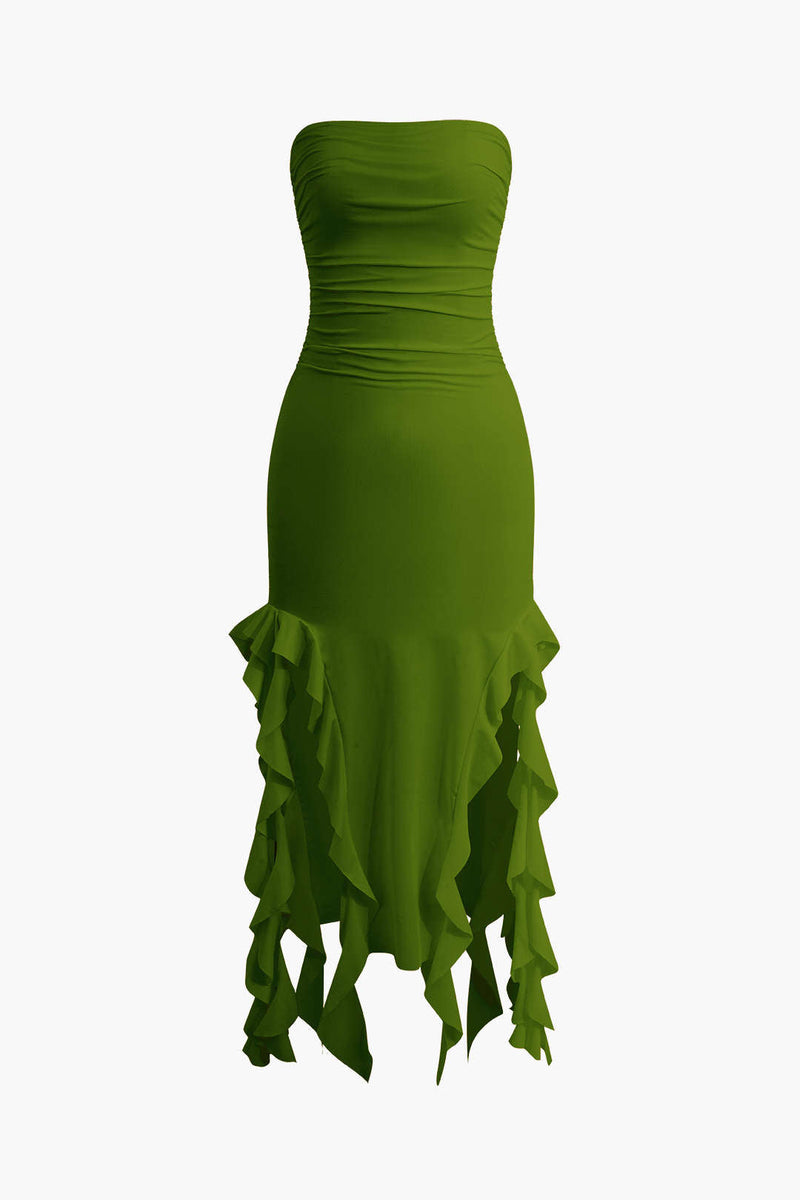 Color French Ruffle Hem Ruched Tube Maxi Dress