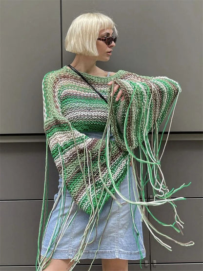 Knitted Tassels Cover Ups for Swimwear Loose Rainbow Shirt Sweater Holiday Crop Pullover Femme