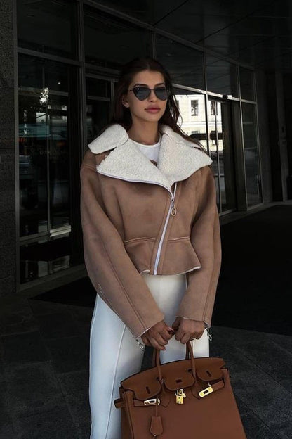 Odd Zip Leather Fur Pieced Coat