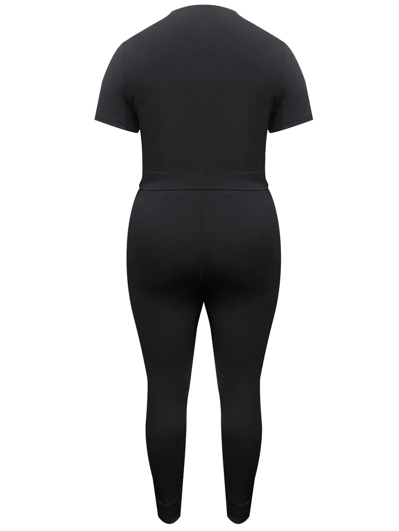 Crop Top Rhinestone Heart Decor Pants Set Skinny Two-pieces Suit Short Sleeve Top Trousers Set